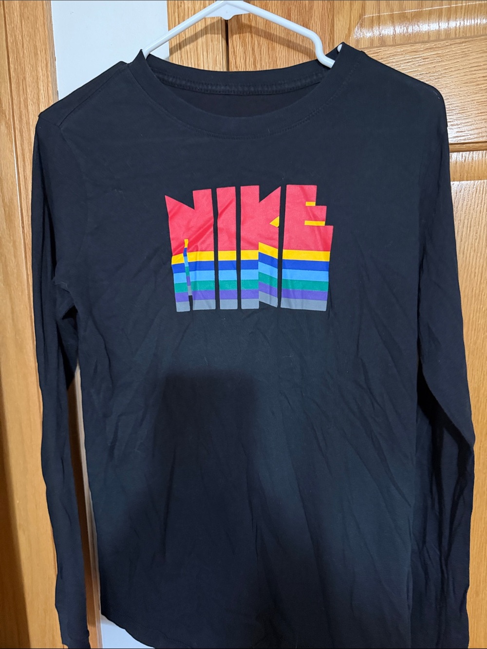 Nike Black Long-Sleeve Tee with Multi-Color Striped Logo